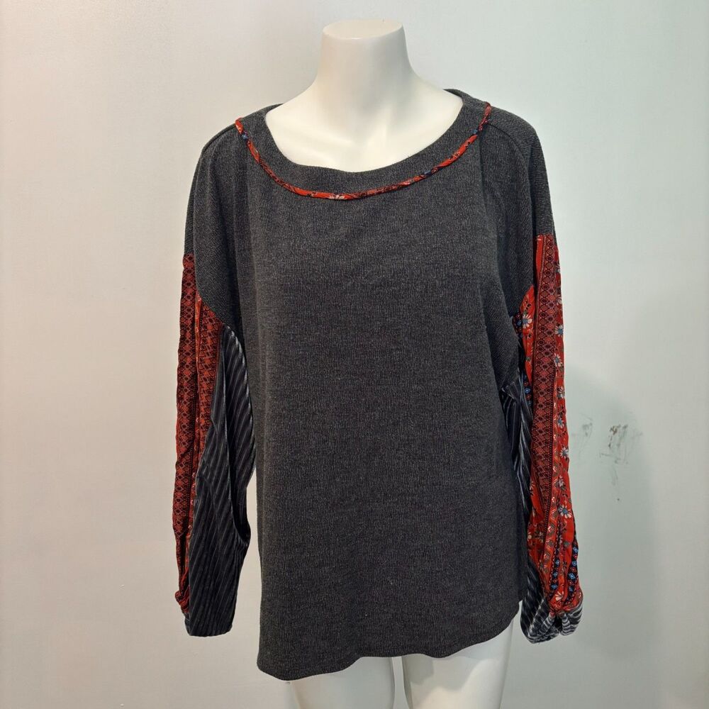 THML size Large Boho Mixed Material Velvet Grey and Red Flowy Long Sleeve Top